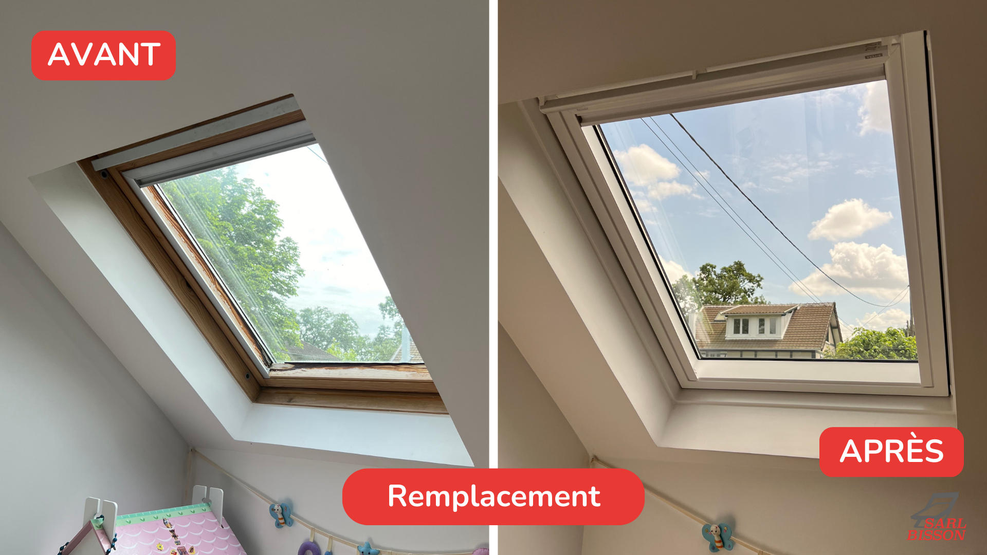 Avant, une fenêtre Velux ancienne en bois, moins performante. Après, une nouvelle fenêtre Velux en polyuréthane blanc, plus moderne et isolante. Avec la pose Velux renovation, améliorez le confort et l'esthétique de votre espace.