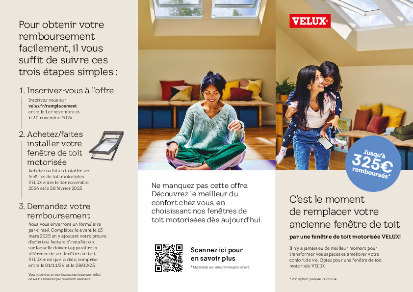 Guide de l'offre de remboursement VELUX 2024 pour fenêtres de toit motorisées avec jusqu'à 325€ remboursés